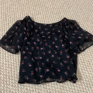 Loft Black floral flutter sleeve babydoll blouse, S